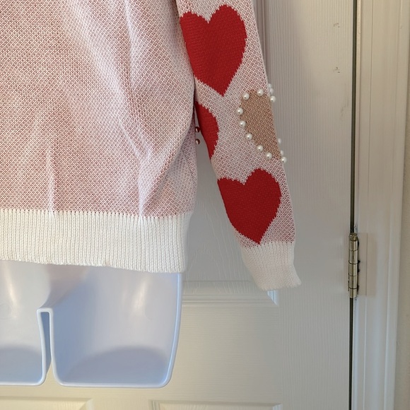 Red + Cream Pearl Heart Knit Sweater - Picture 12 of 16
